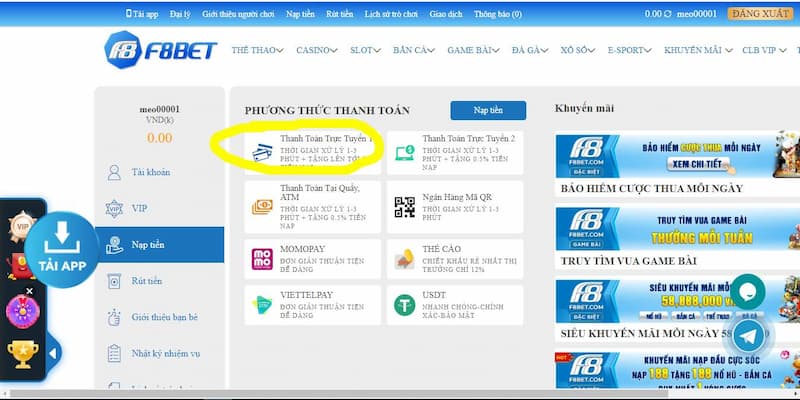 Quy trình nạp tiền F8bet chi tiết từ A-Z
